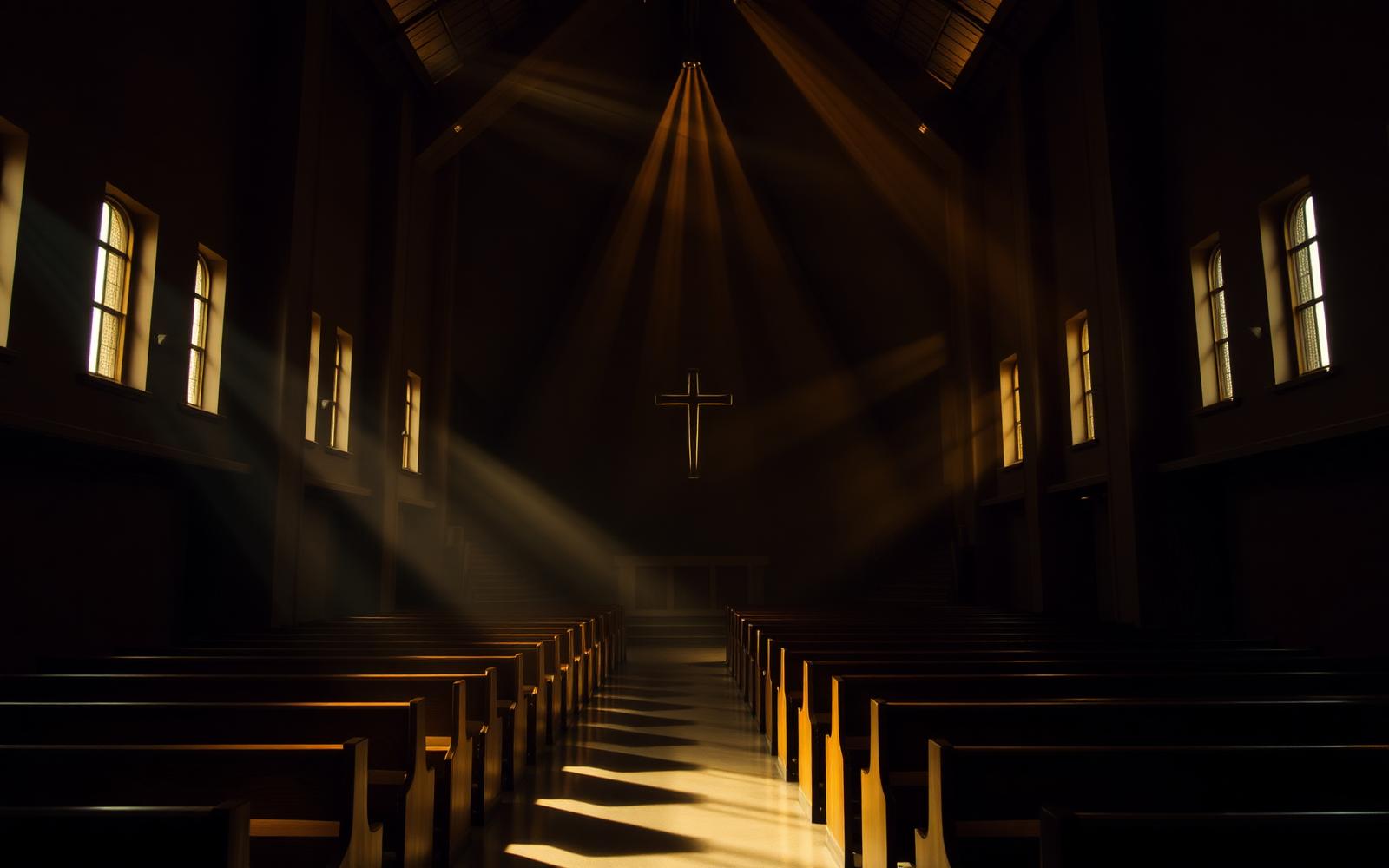 Sunlight falling through the windows of a quiet church